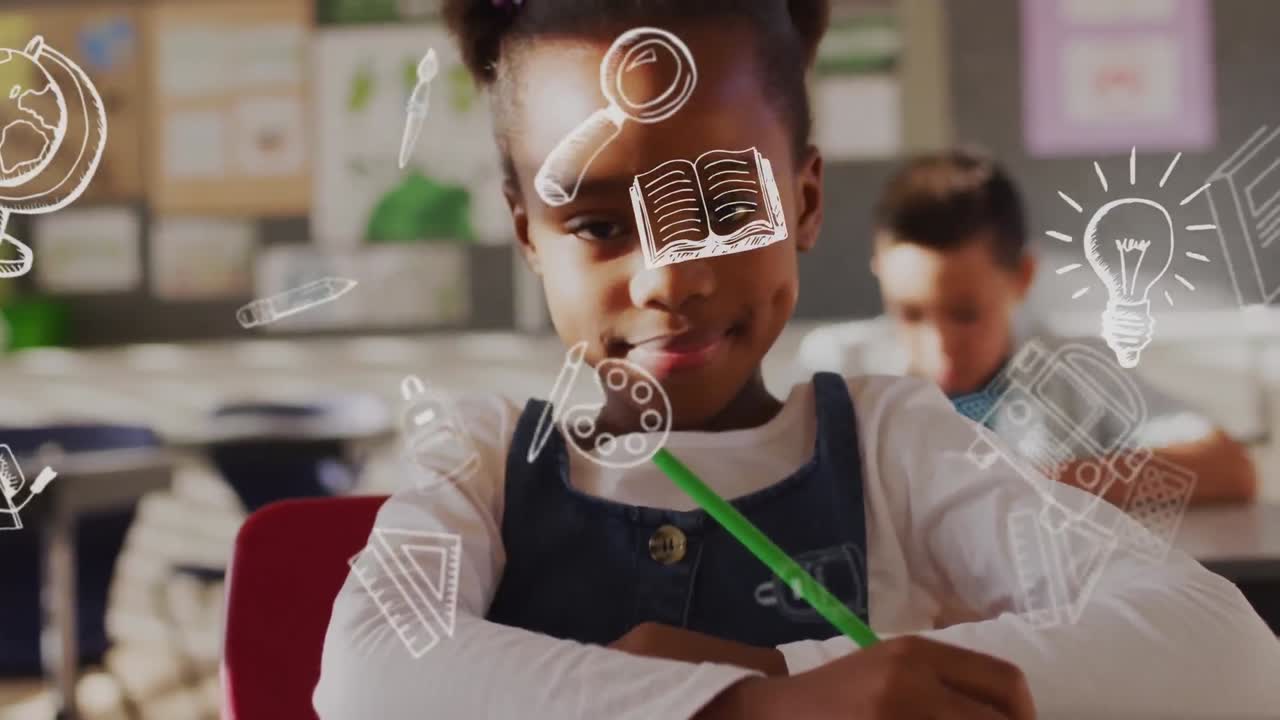 Animation of school icons over african american schoolgirl in classroom