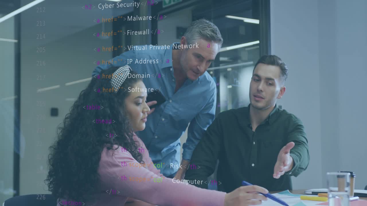 Animation of financial data processing over diverse business people in office