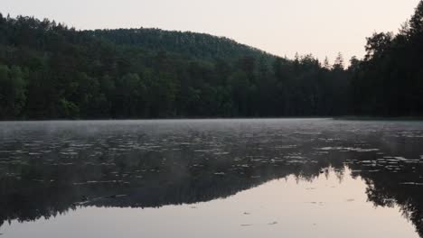 Mist-moves-slowly-over-a-still-lake-reflecting-the-trees-lakeside,-Lac-de-Lispach,-France