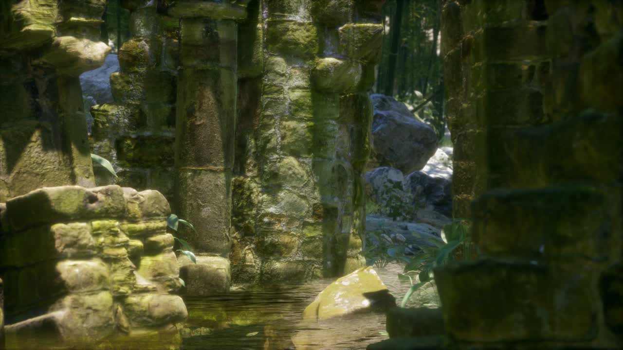 casa de piedra antigua en ruinas cubierta de plantas y helechos en un denso bosque verde