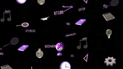 animación de iconos educativos con números sobre fondo negro
