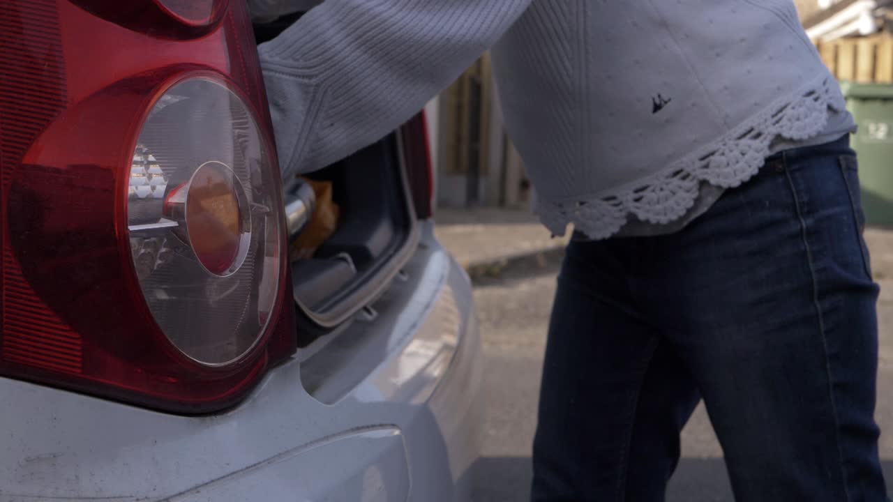 mujer sacando un transportador de mascotas del maletero del coche. plano medio.