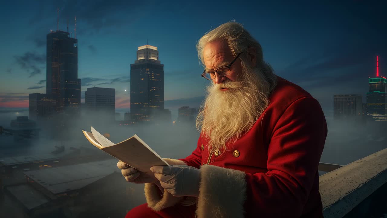 Unfolding parchment booklet Santa in red coat checking entries on foggy rooftop dusk, with glasses