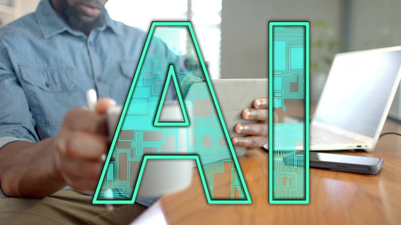 Man tapping tablet, using stylus at desk working in technology, AI graphic overlaying center