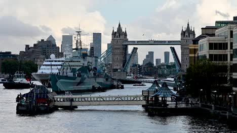 tower bridge and warship in london