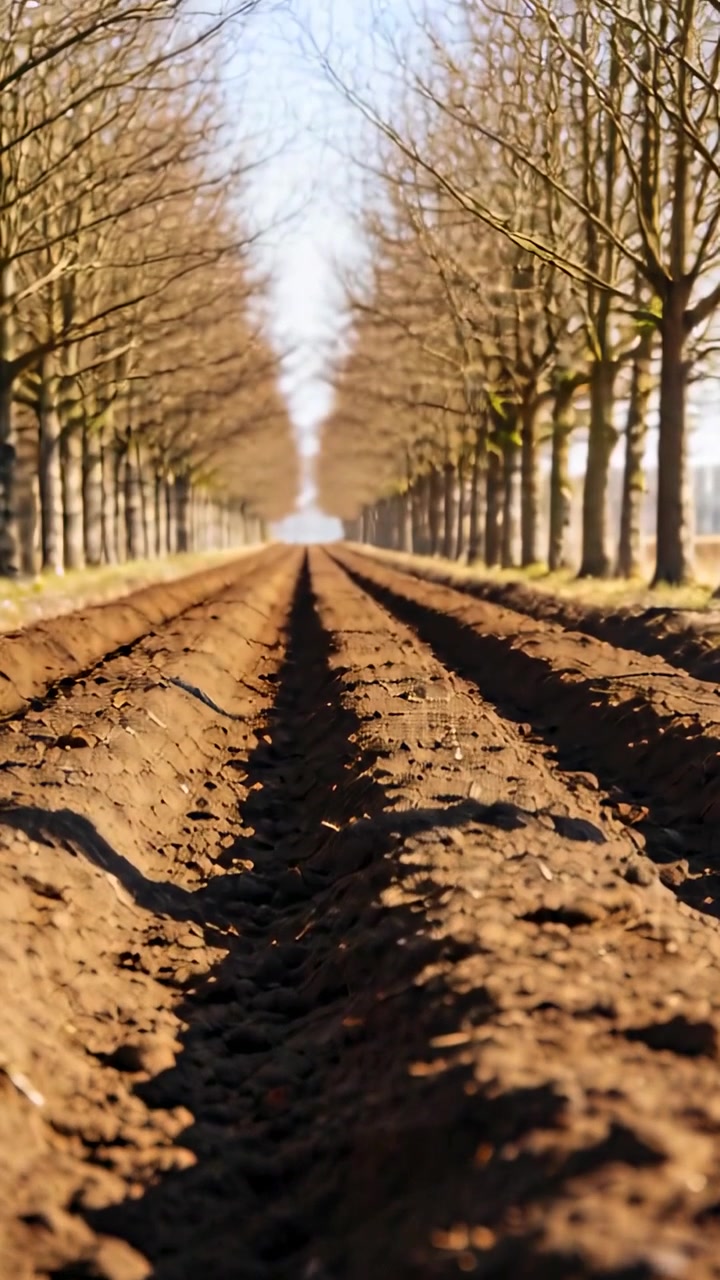 Video verticale: Telecamera che arretra sopra un filare arato in una fattoria per rivelare filari di alberi spogli e lunghe ombre.