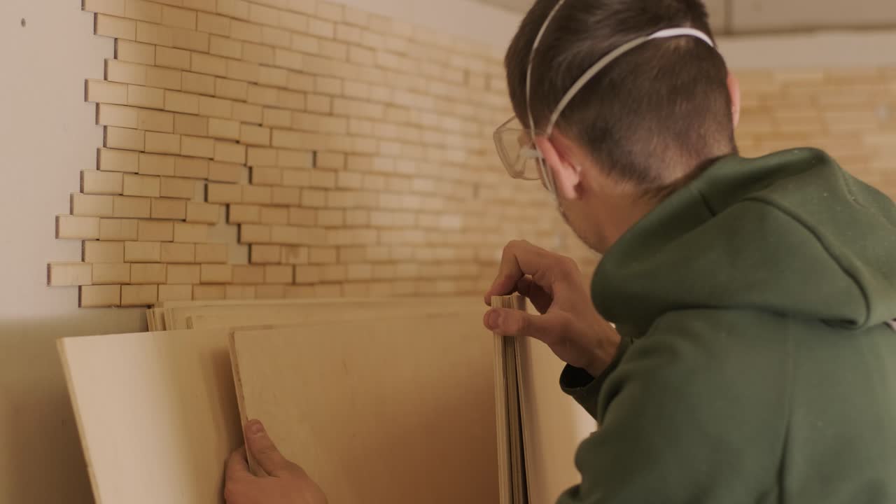 Woodworker professional in mask and glasses checks wood raw, plywood panels
