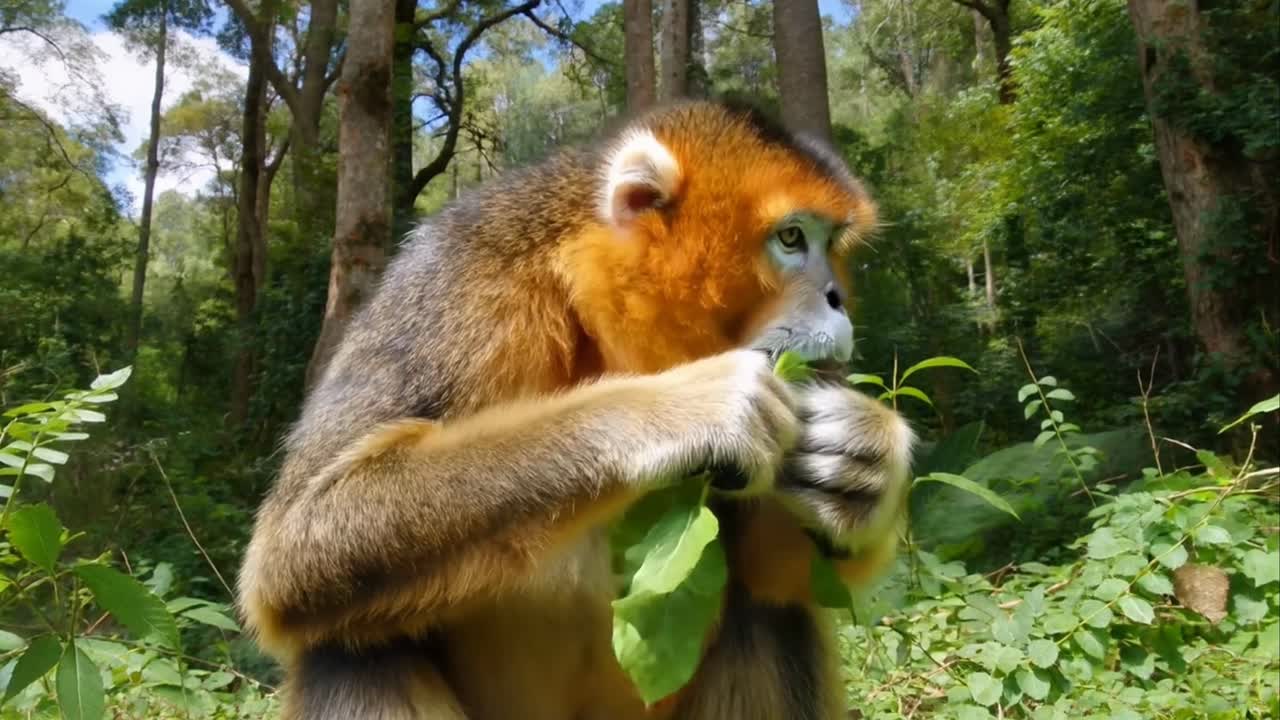 Golden Snub-Nosed Monkey Eating a Leaf in a Chinese Forest