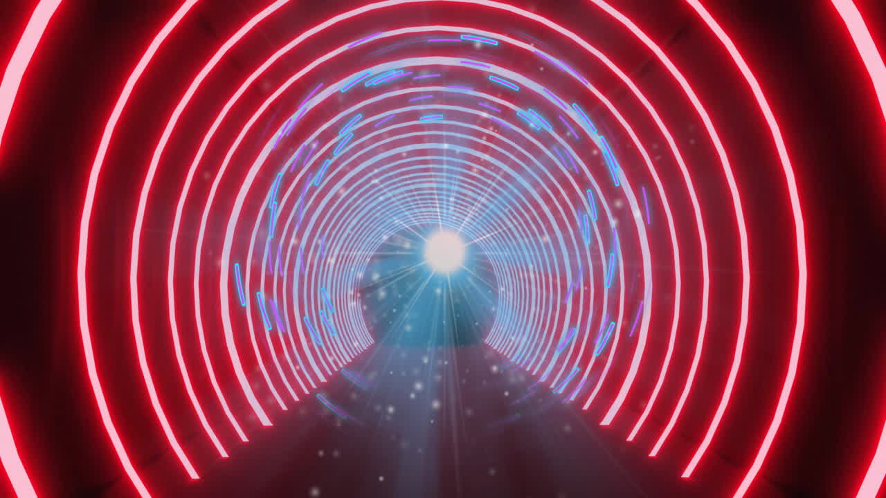 Animation of glowing red and blue neon tunnel with bright light at center