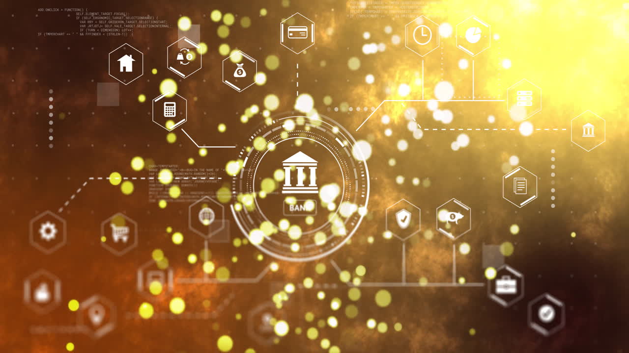 Golden abstract background with banking icons and digital network animation