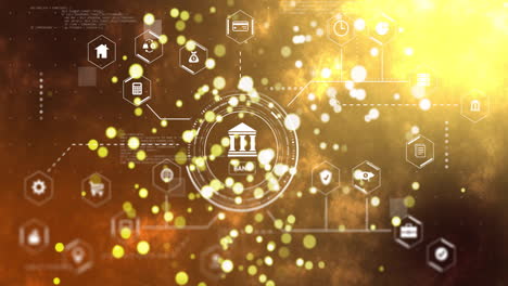 golden abstract background with banking icons and digital network animation