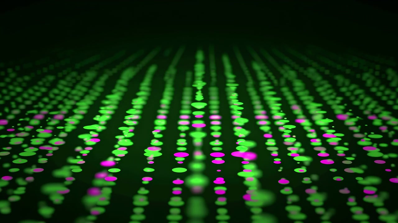 Low-angle motion scene showing dense field of glowing circular points arranged in evenly spaced rows, receding toward distant horizon with dark contrast, luminous color, and futuristic depth