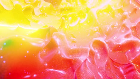 smooth abstract animation of liquid gradient red orange in 4k. bright glossy paint surface as abstract looped festive background. glitters on viscous liquid with 3d splashes on surface like drops.