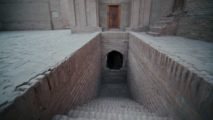 Khiva old city entrance to the dungeon in the evening. Uzbekistan Silkroad