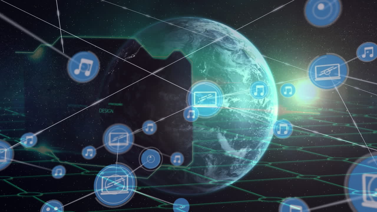 animación de la red de conexiones con iconos sobre el globo y la cuadrícula