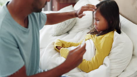 sick, thermometer and father checking his kid