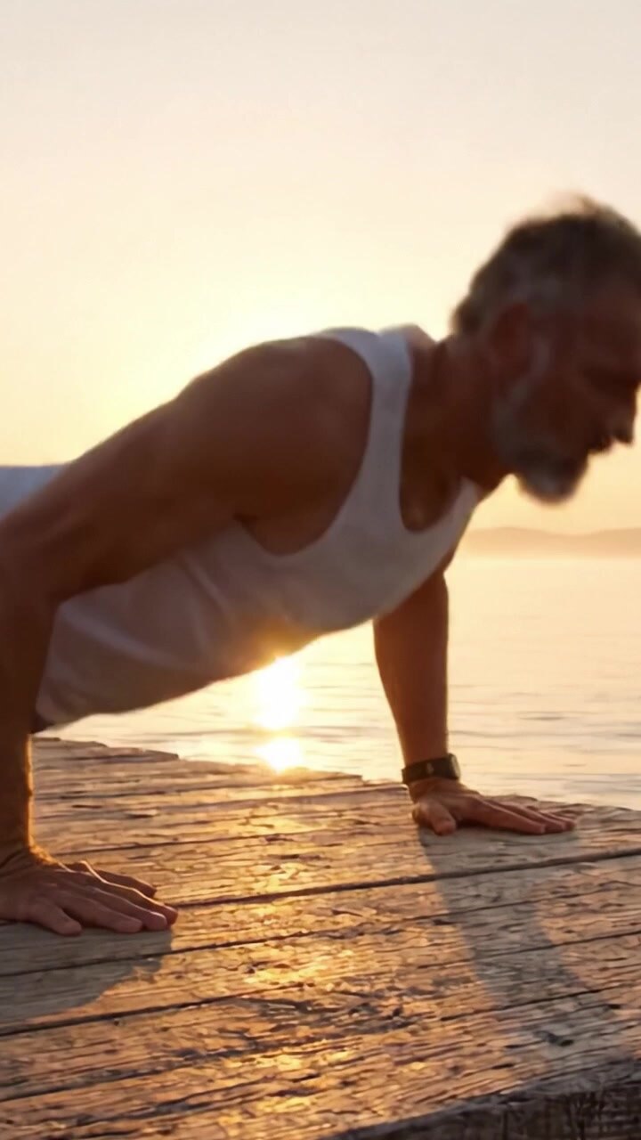 A Man Engaged in Fitness Training on a Pier at Sunrise, Emphasizing Strength, Vitality, and Connection to Nature