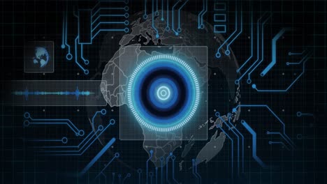 Animation-of-data-processing,-globe-and-computer-circuit-board