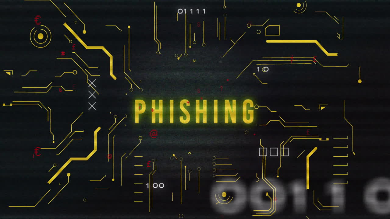Animation of phishing text and digital data processing over black background