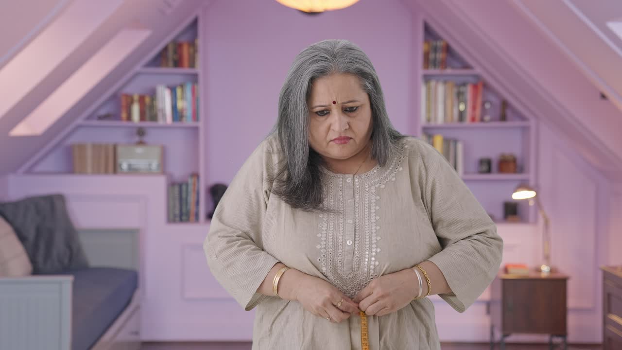 Anciana india triste midiéndose la cintura con una cinta métrica