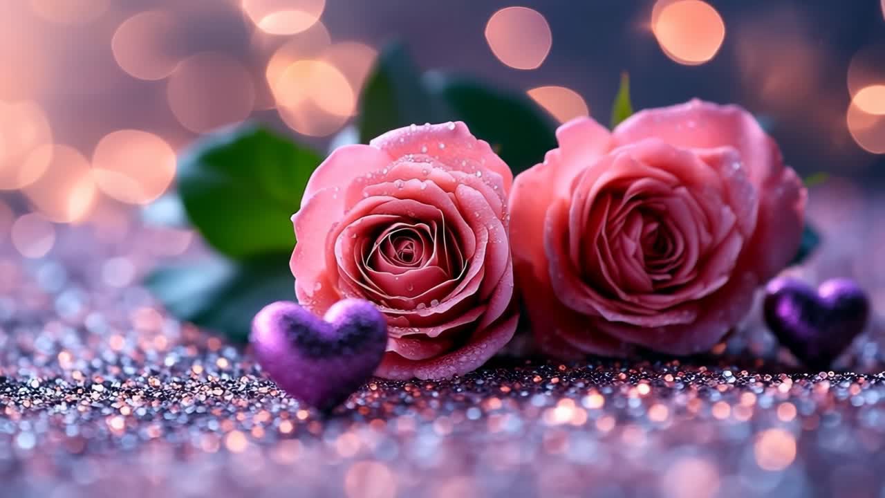 Pink roses and sparkling hearts. Two pink roses adorned with droplets of water are placed next to shiny purple hearts on a glittery background.