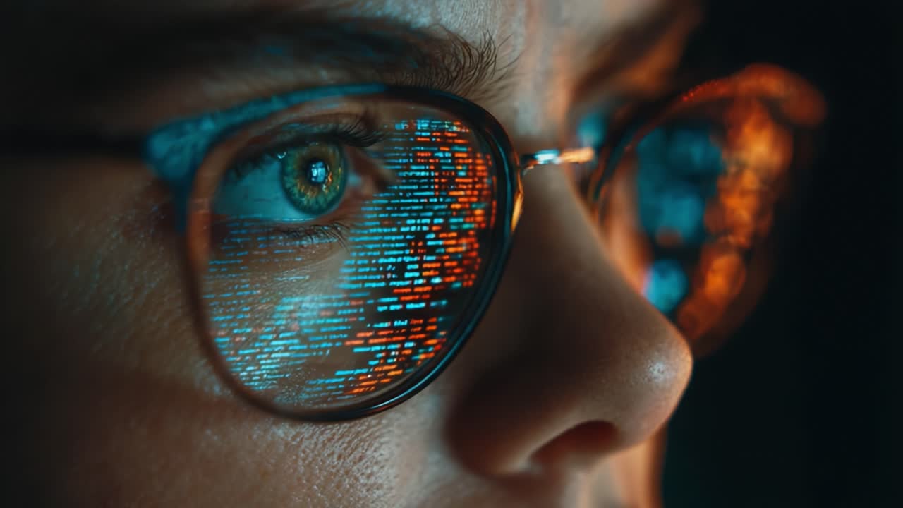 A Close-Up Perspective of a Person's Eye Behind Glasses with Digital Data Reflections, Illustrating Technology's Influence on Modern Life and Perception