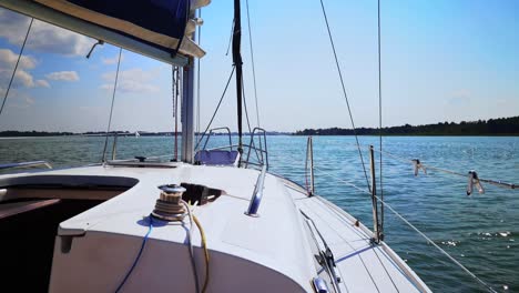 The-front-bow-of-a-white-sailing-boat-with-blue-sky-and-sea-background