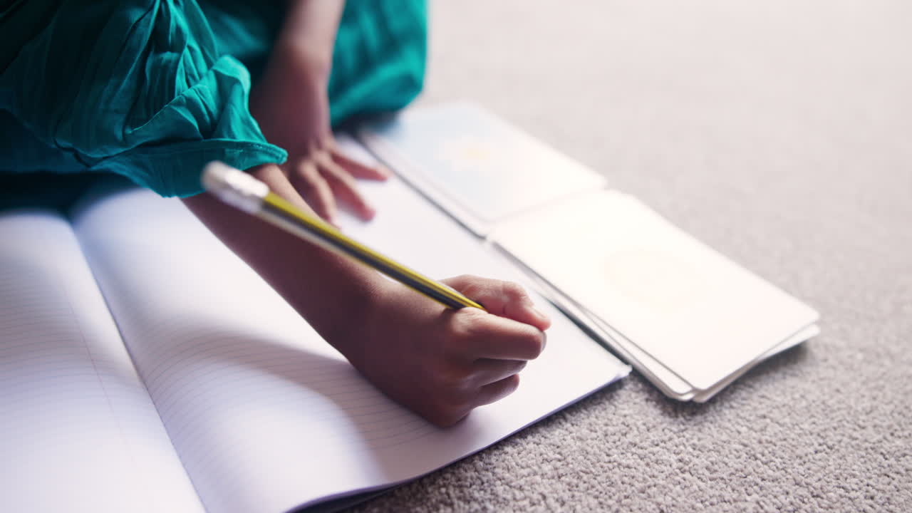 Young Person Writing in a Notebook on the Floor