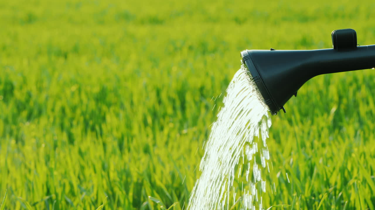 스프링클러 클로즈업 샷에서 푸른 잔디에 물을 주는 남자