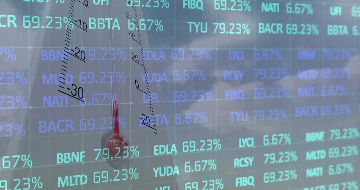 Digital ticker launching gauge while gauge staying fixed, codes updating, visualizing market shift