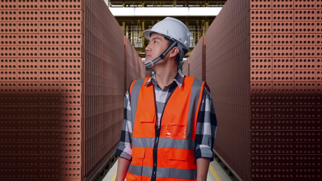 Asian Male Engineer With Safety Helmet Looking Around While Standing With Red Brick Packed in Stacks Are Stored