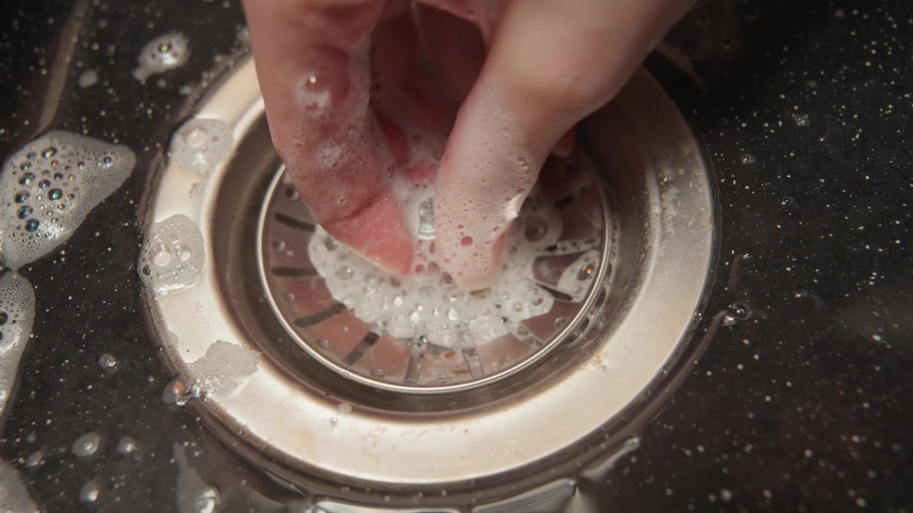 Primo piano dall'alto che mostra uno scarico del lavello in acciaio inossidabile parzialmente riempito con acqua saponata e schiuma mentre le bolle collassano, il liquido vortica verso l'interno attraverso il filtro perforato e le punte delle dita toccano il bordo.