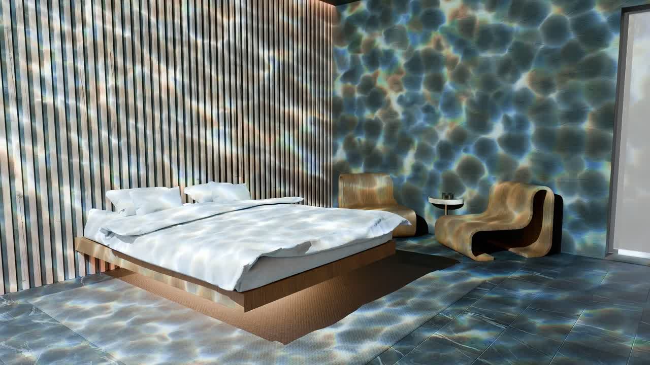 현대 아파트 침실 그림자 벽에 식물 나무 액체 효과 그림자 3d 렌더링 애니메이션