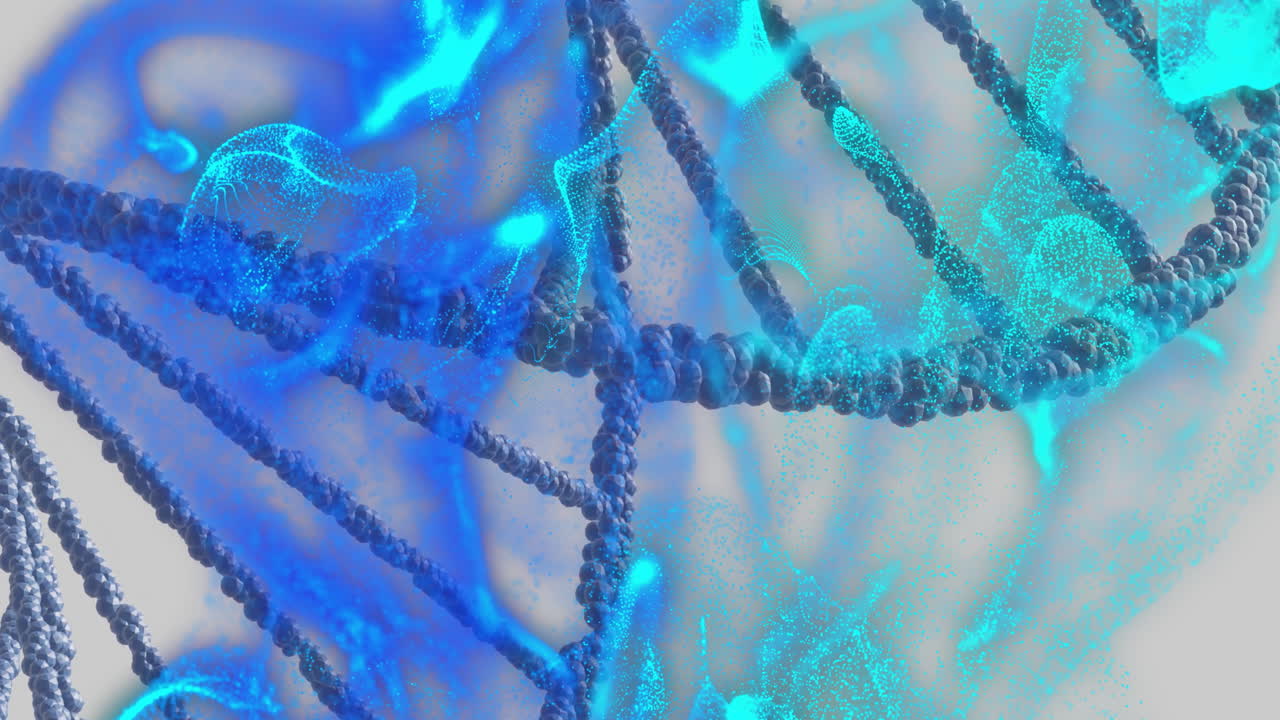 cadenas de adn y partículas azules, animación de procesamiento de datos científicos