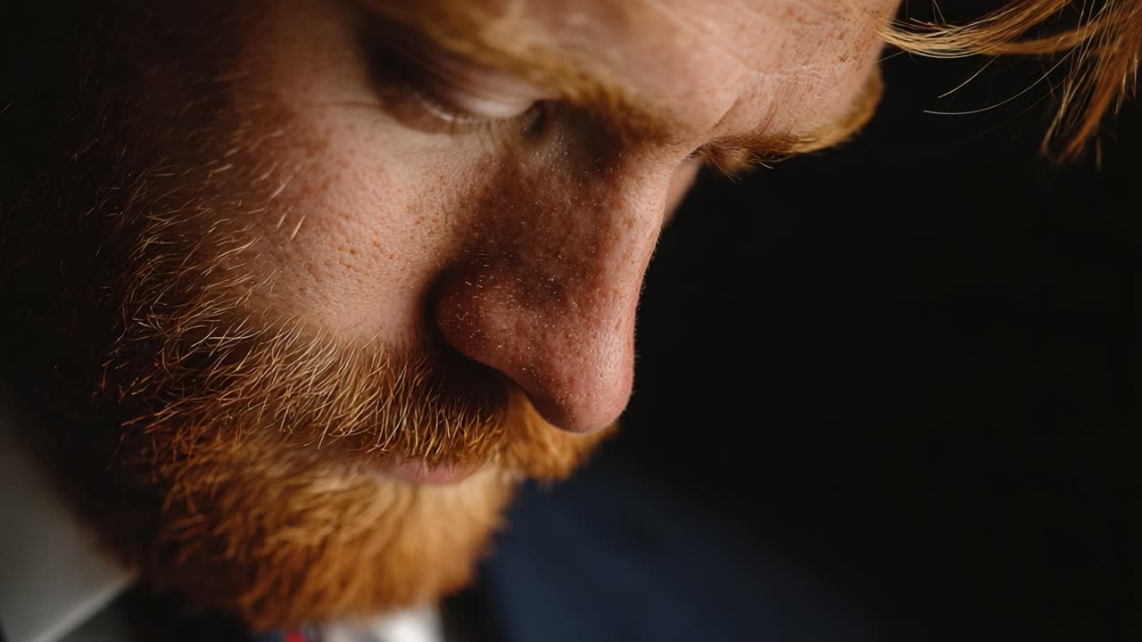 Un momento di riflessione: primo piano di un uomo con barba e lentiggini rosse, immerso in una profonda riflessione in un’atmosfera serena