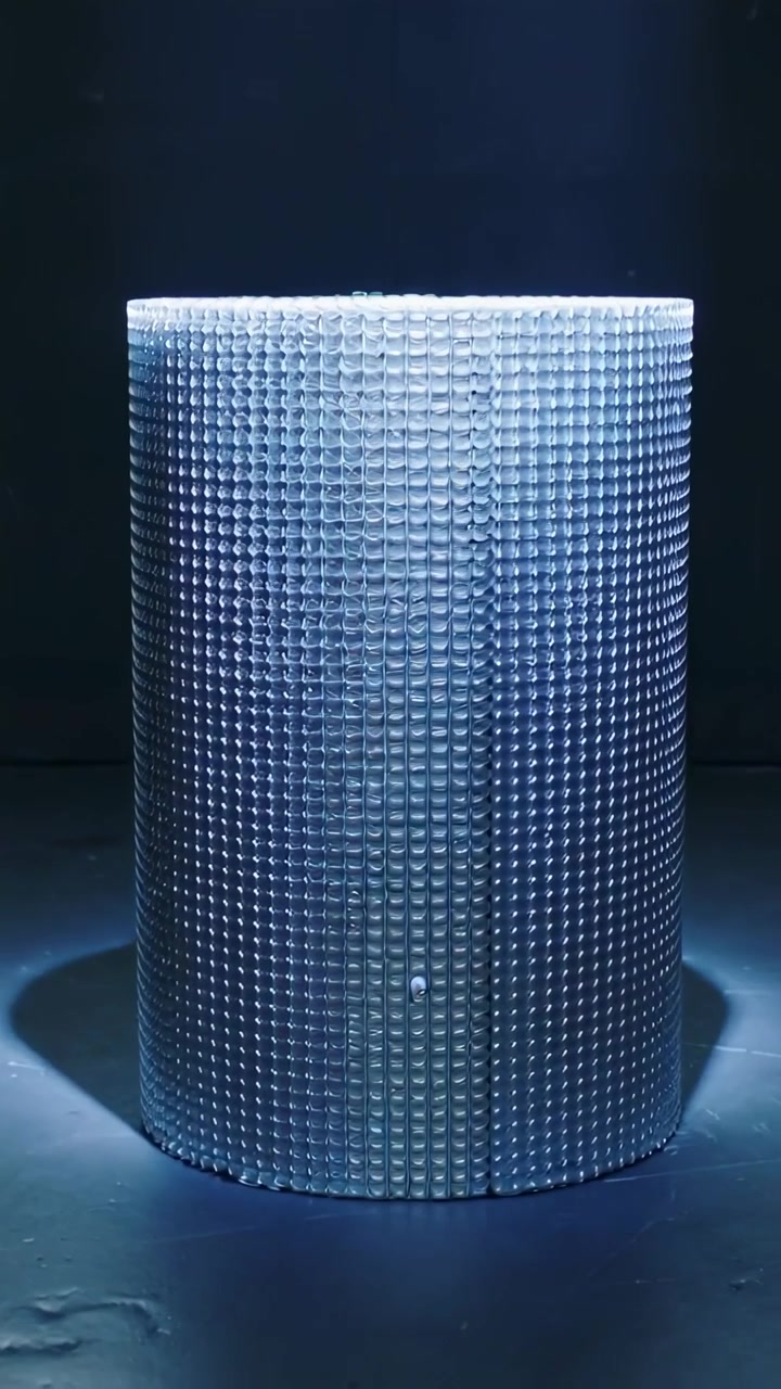 Vertical video: Shifting beam moving gleams down bumpy cylinder in studio showing nub hinting spin
