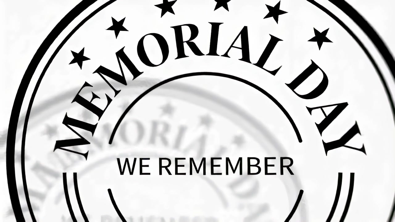Rotating memorial seal after frame shift on white moving inward and sharpening revealing MEMORIAL