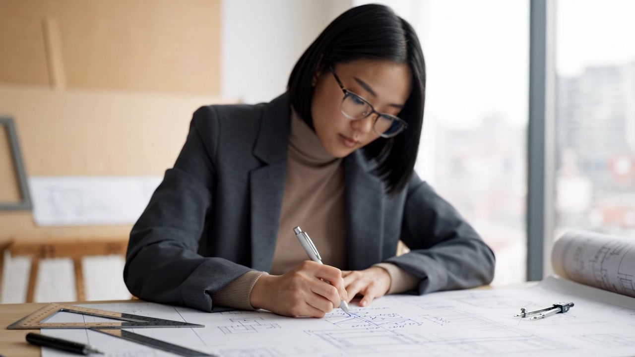 Focused Professional Woman Engaged in Architectural Planning and Design on Blueprints with Precision Instruments in a Bright Workspace