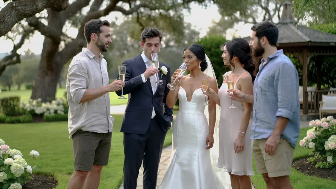 Lo sposo alza un flûte, la sposa in abito e velo con gli amici che brindano su un sentiero del giardino durante il matrimonio