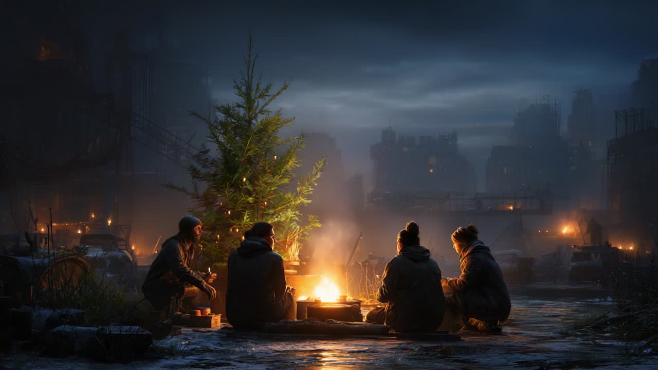 In a desolate urban landscape, a group of four individuals gathers around a warm campfire under the dim glow of a holiday tree, sharing moments of solace and connection amidst the ruins of civilization