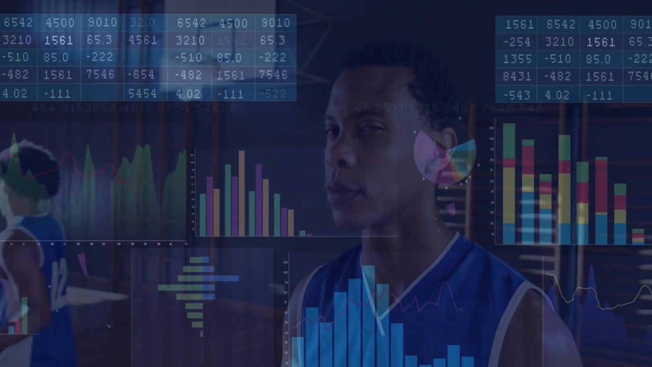 Two teammates dribbling basketball in gymnasium, displaying sports analytics data overlays