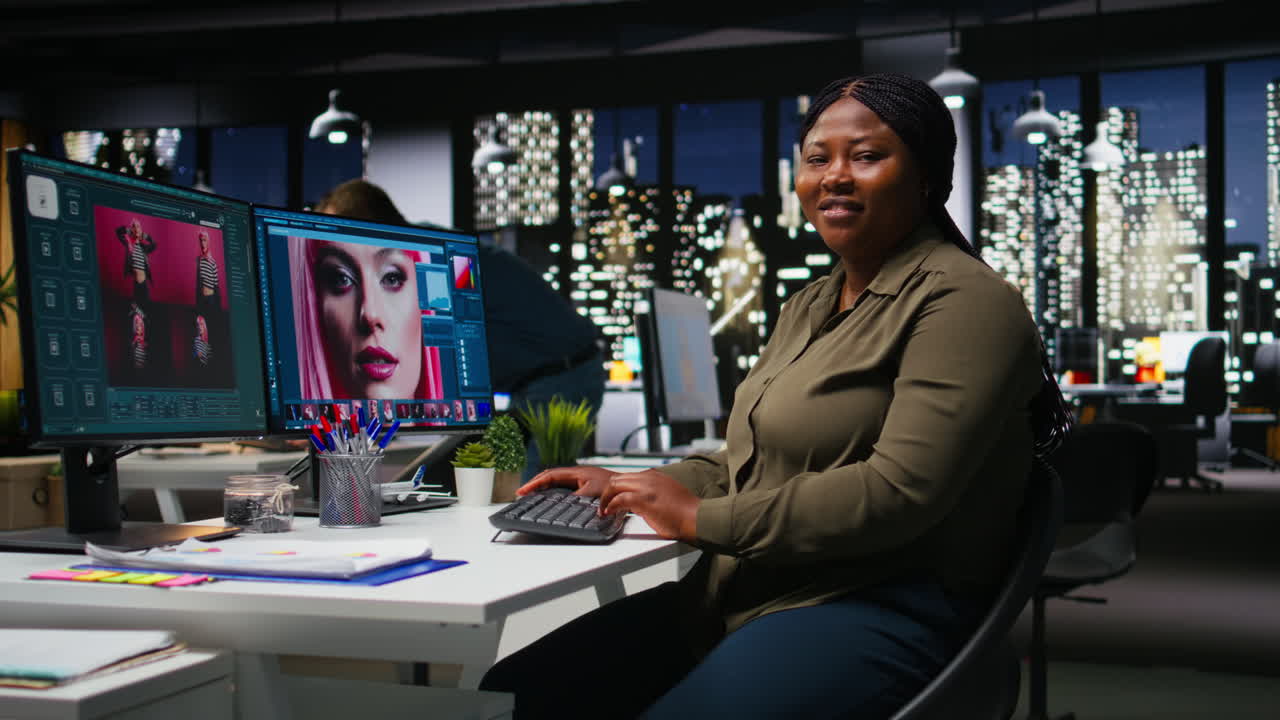 Organized creative workspace for black graphic designer photographer