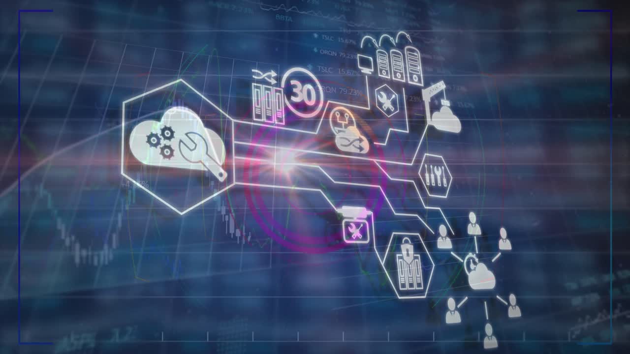 animación de una científica con máscara facial con pantalla táctil con cadena de adn y procesamiento de datos