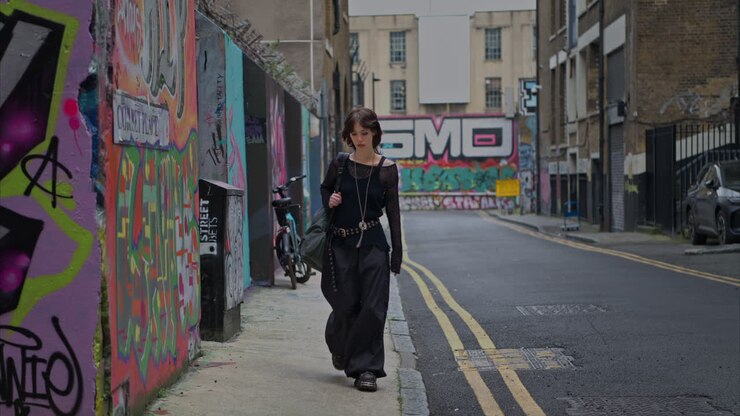 Full Length Outdoor Fashion Portrait Of Young Alternative Style Woman Walking Along London City UK Street With Graffiti Covered Walls In Real Time 1