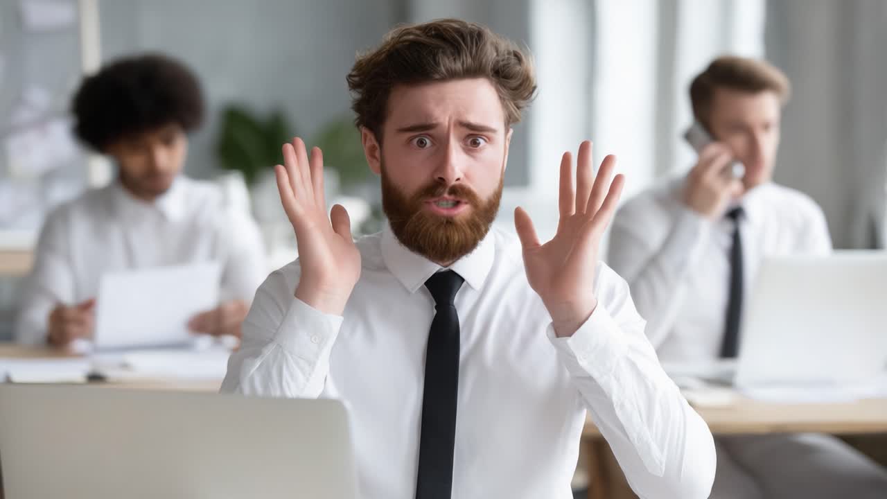A Frustrated Office Worker Expresses His Distress In A Busy Workspace, Conveying Stress And Overwhelm Amidst Colleagues Engaged In Their Tasks