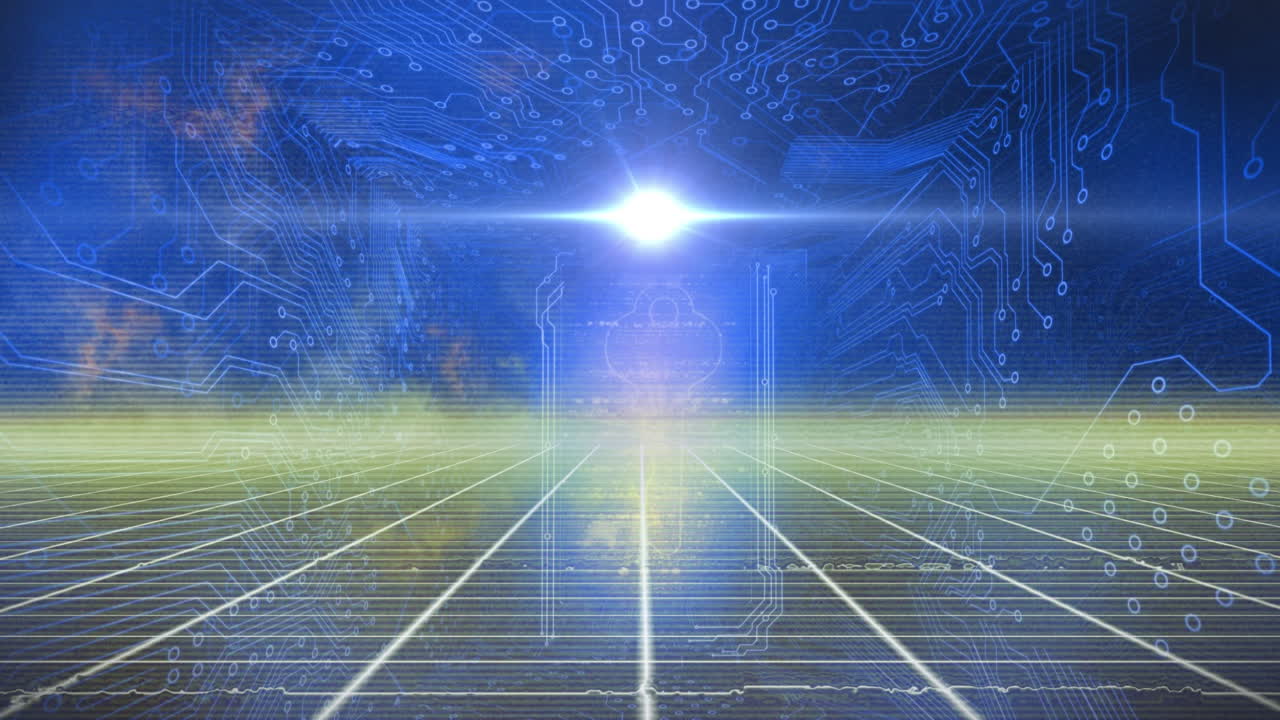 파란색 배경에 있는 마이크로프로세서 연결에 대한 그리드 네트워크를 통해 빛의 스 ⁇ 의 애니메이션