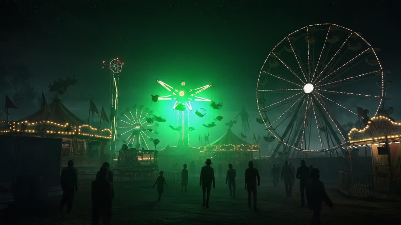 Mysterious Night at the Carnival: A Haunting Scene Filled with Shadows, Twinkling Lights, and Eerie Attractions Captured Under the Starry Sky