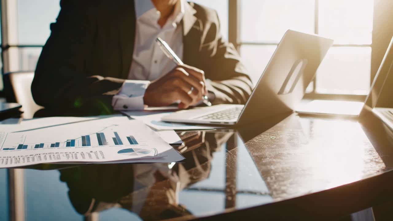 Frøperspektiv af en erhvervsperson, der arbejder på en bærbar computer, omgivet af diagrammer