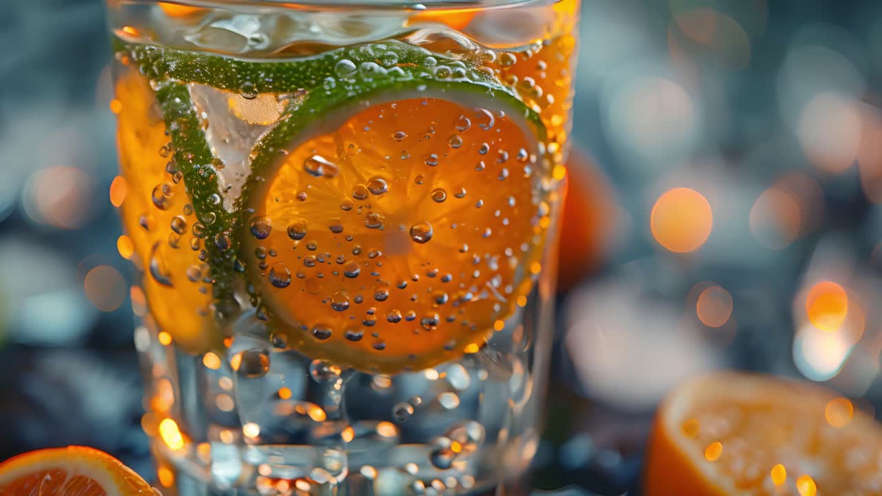 Close-up of Refreshing Citrus Drink with Bubbles and Ice