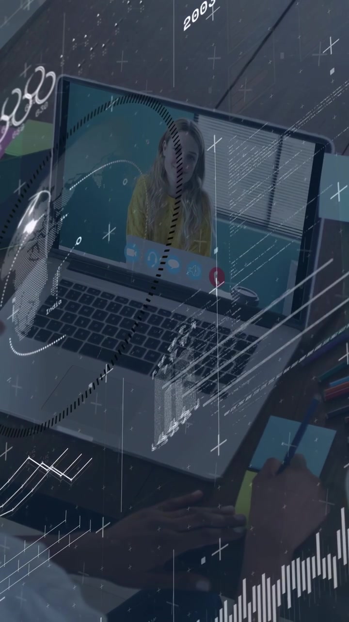 Início de chamada no laptop, usuário colocando post-its e digitando, sobreposição de dados movendo-se sobre as mãos para o trabalho